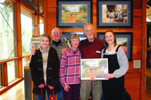 Submitted. Trustees with the Folk Pottery Museum of Northeast Georgia present Rabun Gap-Nacoochee School sophomore student Kathryn Stribling with a set of John Kollock prints to thank her for her article about regional folk pottery, highlighting women in folk pottery, which was featured in Foxfire: Summer 2022. Pictured are Cheri Luhn, left, John Luhn, Jeanie Daves, Walter Daves and Stribling.