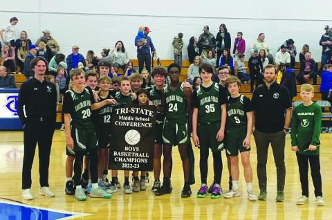TFS Athletics. LEFT: The Tallulah Falls Middle School basketball team won their fourth Tri-State title in school history on Saturday, Jan. 28. Pictured from left: Coach Jake Carver, Asa Popham, William NeSmith, Lincoln Hicks, Jackson Cantrell, Jack Greene, Isaac Farris, Ryder Cantrell, Ethan Phasavang, Derrick Lane, Brian Neely, Brantley Addison, Ryan Anderson, Grant Smith, coach Nathan Stanley and Austin Whitener.