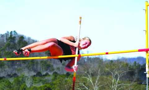 Luke Morey/The Clayton Tribune. RCHS senior Molly Jo Wright took fifth place in the pole vault during the Bo James Invitiational on Saturday, March 11. Wright finished with a mark of 8 feet flat. Wright also helped set a new school record on Tuesday, March 7, in the 4X800 with Molly Mazarky, Trea Blalock and Reese Green. 