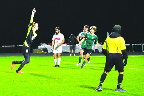 Luke Morey/The Clayton Tribune. Tallulah Falls goalkeeper sophomore  Kelton Reynolds celebrates his penalty kick goal against Rabun County on Tuesday, March 28. Reynolds and the 13-0 Indians won region for the first time in program history. 