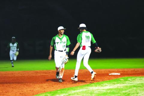 Photo courtesy Austin Poffenberger. Frankey Moree (13) and Rohajae Pinder celebrate after a victory over No. 1 ranked Elbert County on Friday, March 10. The victory was the first win in school history over a top-ranked opponent as the Indians are now 4-6 and 1-2 in the region. TFS next takes on Commerce in a double header on Friday, March 17.