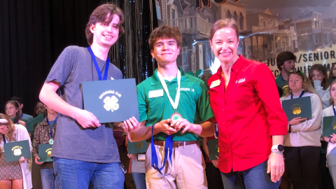 Photo courtesy Rabun County 4-H. Rabun County ninth grader Peyton Hicks (left) won first place in the Georgia 4-H Northeast District Project Achievement for veterinary science at Rock Eagle 4-H Center from March 10-12. Hicks is shown with Stephens County’s Luke Roesch, Northeast District senior board member; and Denise Everson, Northeast District extension director.