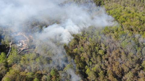 Photo courtesy Brian Panell. This aerial view shows a wildfire that started on the shoulder of Bettys Creek Road near Colony Road in Dillard April 19. Multiple agencies responded to the scene and the wildfire burned 9.3 acres. 