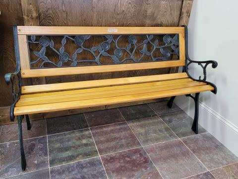 Megan Broome/The Clayton Tribune. This bench dedicated to the late Bob Powers will be placed near the Sky Valley pavilion and post office area in the city. 