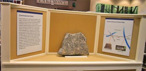 Megan Broome/The Clayton Tribune. Commissioners Rock, which depicts a surveying monument marking the boundary between Georgia and North Carolina dating back to 1819, is now on display at the Rabun County Historical Society. 