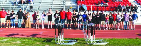 Luke Morey/The Clayton Tribune. The Rabun County track and field team honored their seniors in the last home meet of the season on Wednesday, April 19. The seniors include, from left, Molly Jo Wright, Delaney Webb, Kiley Turner, Mike Swager, Britt McKissack, Jayton Henry, Jet Galbreath, Sam Flaherty, Trea Blalock and Caroline Bahin. The track and field team now travels to Elberton for regionals on Wednesday, April 26, and Friday, April 28.