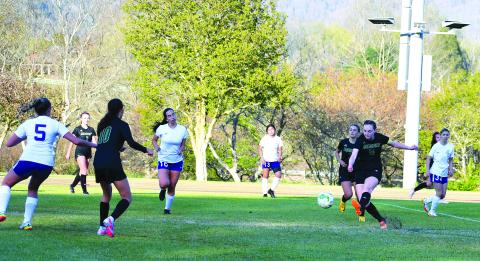 Luke Morey/The Clayton Tribune. Rabun Gap junior Gracie Scott scores against Union County on Thursday, March 30. The Lady Eagles are now 8-0-1 heading into conference play with a match against Asheville Christian Academy on Wednesday, April 5.