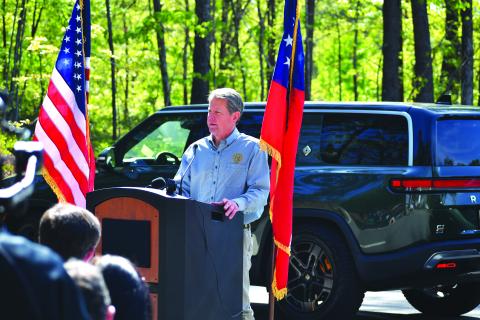 Luke Morey/The Clayton Tribune. Gov. Brian Kemp speaks at Tallulah Gorge State Park about a program that adds electric vehicle chargers Thursday, April 20.