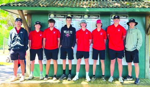 Submitted photo. The Rabun County golf team advanced to the State tournament thanks to a play-off round at the area tournament on Monday, April 24. Pictured from left, junior Blake Weber, sophomore Gauge Sudderth, junior Marcus Remilliard, junior Noah Thurmond, junior Charlie Cuttino, freshman Owen Thompson, junior Jack Hood, and RCHS golf head coach Wes Holcombe.