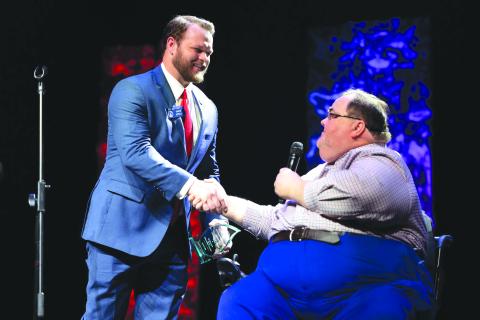 Submitted photo. Sen Bo Hatchett, representing Georgia’s 50th Senate District, shakes hands with Ed Henderson, secretary for the Rabun County Republican Party, after being presented with the “Legislator of the Year” award April 14. 