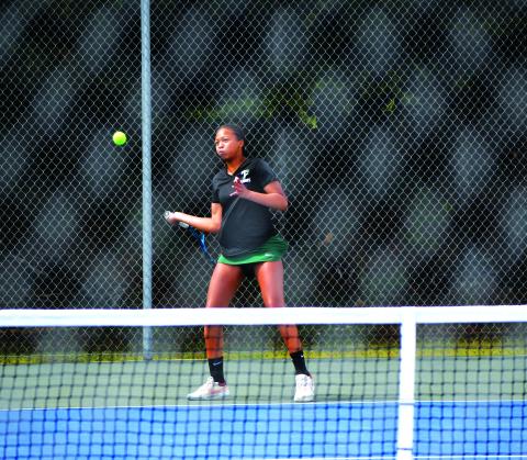 Luke Morey/The Clayton Tribune. Freshman Jaeda-Lee Daniel-Joseph returns a shot against Bleckley County on Monday, May 1. Daniel-Joseph won 6-2, 6-3, but the Lady Indians fell 3-1 to Bleckley in the Elite Eight of the GHSA playoffs. 