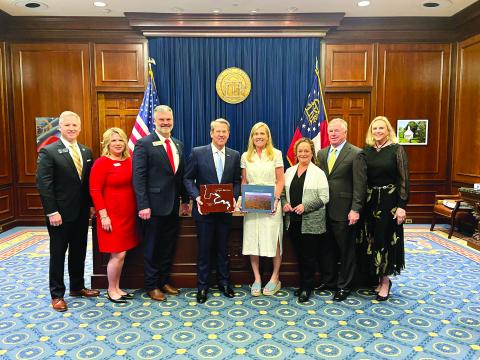 Submitted photo.  Pictured are State Senate President Pro Tem John F. Kennedy, left, Kim Anderson, District 10 State Rep. Victor Anderson; Georgia Gov. Brian Kemp; First Lady of Georgia Marty Kemp, President of Lake Rabun Association Connie Thompson; Vice President Lake Rabun Association Pat Hickey; and President of Lake Burton Civic Association Elizabeth Gill. 