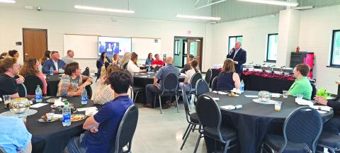 Megan Broome/The Clayton Tribune. Rick Story, Forward Rabun and Rabun County Chamber of Commerce president, makes introductory remarks at the Youth Leadership Program 2023 Graduation Dinner May 22, which highlighted student achievements from Rabun County Schools; Rabun Gap-Nacoochee School and Tallulah Falls School. 