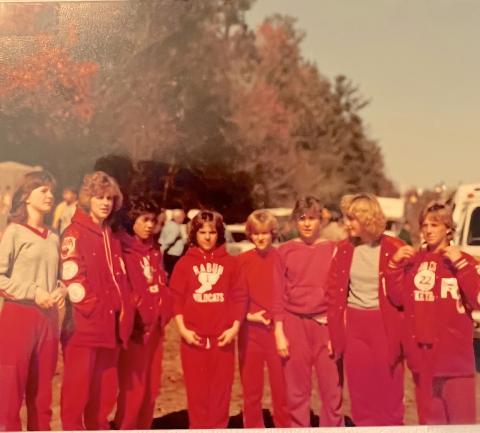 Submitted photo. Members of the Rabun County High School cross country team gather up for a meet in 1982. Team members included (not in order) Tracy Watts, Kelly Shorpshire, Gigi Beck, Tara Dixon, Suzanne Beck, Caroline West, Von Taylor, Perri McCraw, Chrystal King, Kimn Whittaker, Tracy Gregg, Ann Reeves, Robin Sprague, Cindy Keener and Valarie Florence. Coach was Gail Crowe. Below: Rabun head football coach Frank Snyder (left) was assisted by Jack Short during the 1958 season.