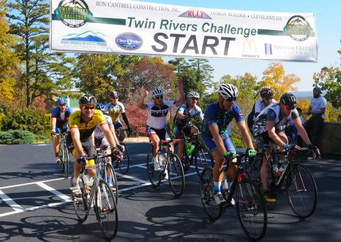 Submitted photo. Riders begin the ride at the front of Tallulah Falls School at the 8th annual Twin Rivers Challenge. 