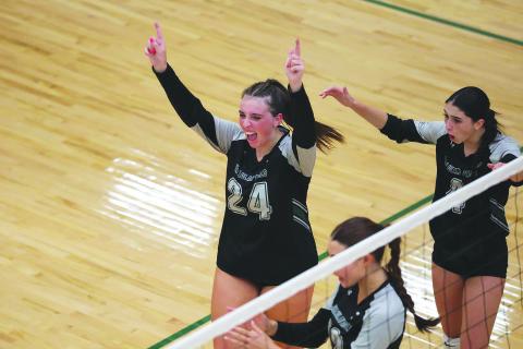 TFS Athletics. Addy McCoy (24) celebrates with TFS teammates in the Lady Indians victory over Athens Christian on Aug. 31. McCoy ranks among the best in the nation for her aces. TFS is now 23-13 and 8-0 in region play. 