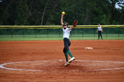 Wade Cheek/The Clayton Tribune. TFS freshman Callie Craver struck out six batters and allowed just four hits during the Lady Indians' 13-12 win over BASA on Sept. 14 