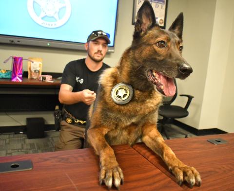 Megan Horn/The Clayton Tribune. K9 Deputy Jorka is officially retired after six years of honorable service at the Rabun County Sheriff’s office. She is 8-years-old and pictured with partner Cpl. Clinton Scott at her retirement reception held Sept. 8. 