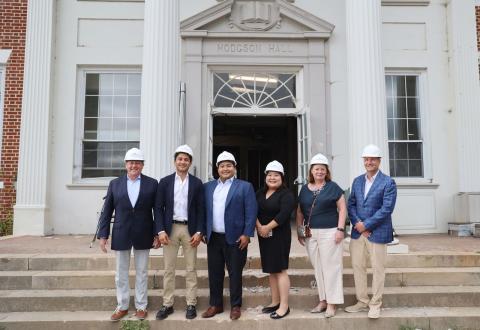 Submitted. Rabun Gap-Nacoochee School continues work on its historic academic building, Hodgson Hall. Pictured are alumni who serve on the Rabun Gap Board of Trustees on the front steps of Hodgson Hall during their fall meeting. From left to right, Steve Gilliam ‘66, Omar Zavala ‘99, Jeff Velestegui ‘99, Grace (Jang) Todd ’12, Kate (Oliver) Maine ‘85, and Jon Barnwell ‘92. 