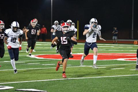 Wade Cheek/The Clayton Tribune. Rabun County sophomore running back Reid Giles races 72 yards to the end zone for the Wildcats final touchdown of their 49-13 victory last Friday over St. Francis. RCHS plays region foe Elbert County Friday.