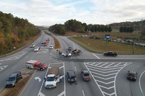 Submitted photo. An aerial view of a two-vehicle crash at Highway 441 south at East Boggs Mountain Road Friday, Oct. 27, where a School Resource Deputy was nearly hit while directing morning school traffic. 