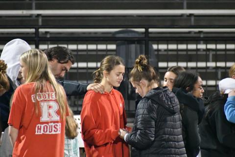 Wade Cheek/The Clayton Tribune. Rabun County middle and high school students join together for a time of prayer during the Oct. 25 “Fields of Faith” at Frank Snyder Memorial Stadium. This was the first time Rabun County and The Fellowship of Christian Athletes has hosted a “Fields of Faith” event.  