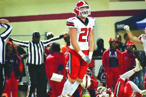 Wade Cheek/The Clayton Tribune. RCHS senior Paul Picciotti reacts to his Wildcats making a defensive stop in the quarterfinals against Brooks County.
