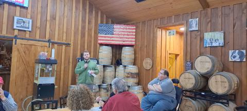 Megan Horn/The Clayton Tribune. Georgia State District 50 Sen. Bo Hatchett speaks to the Rabun County Republican Party and members of the community at Moonrise Distillery during a Town Hall meeting Monday, Nov. 13. 