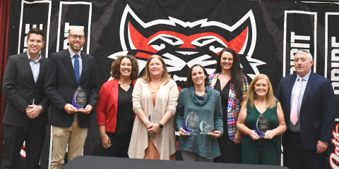 Megan Horn/The Clayton Tribune. Pictured are RCHS Principal Justin Spillers, left; RCHS Teacher of the Year Bryan Getty; RCMS Principal Kechara Partin; RCMS Teacher of the Year Lisa Mooney; RCPS and System Teacher of the Year Jenna Hinkel; RCPS Principal Carla Truelove; RCES Teacher of the Year Jessica Streetman; and RCES Principal Jonathan Welch. 