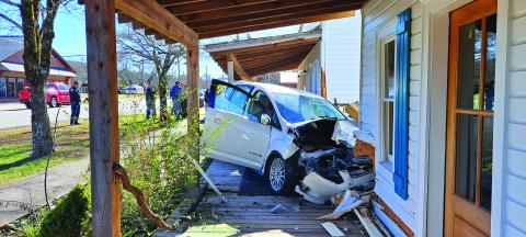 Megan Horn/The Clayton Tribune. A female driver reportedly exited the roadway in Tiger when she had a “medical episode.” The vehicle struck multiple buildings near the Tiger Connector intersection.
