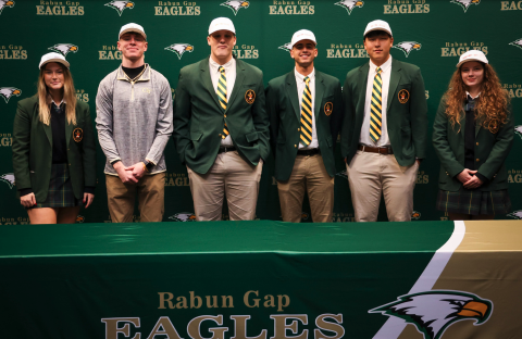 RGNS Athletics. Six Rabun Gap-Nacoochee Eagle student-athletes signed to play at the next level on Wednesday, Dec. 6. The athletes and their respective colleges are (from left) Alegra Black (Young Harris, soccer), Trey Horne (Georgia Tech, football), Felix Doege (Appalachian State, football), Argenis Lopez (Wabash Valley, baseball), Eric Cha (Northeastern, baseball), and Kornelia Ignerska (Barry University, basketball). 