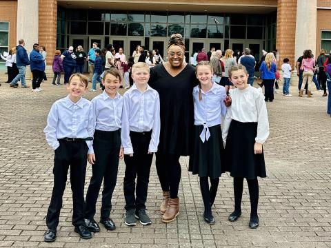 Submitted photo. Rabun Gap-Nacoochee School fourth and fifth-grade choral students recently participated in the highly selective GMEA Honors Chorus. Pictured (from left) are Harrison Green ’31 of Rabun Gap; Hudson Garner ’31 of Franklin, N.C.; Conor Healy ’32 of Clarkesville; Lower School music teacher Ms. Quashona Antoine; Crosby Kennett ‘31 of Rabun Gap; and Natalie Wood ‘31of Highlands, N.C. 