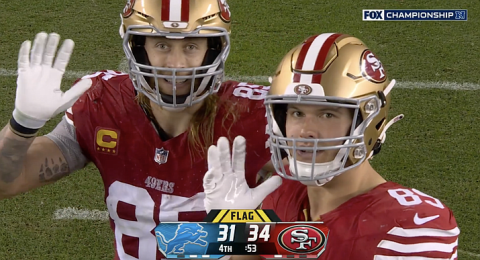 Rabun County football legend and current San Francisco 49er tight end Charlie Woerner joins fellow TE George Kittle in waving to the camera shortly before defeating the Detroit Lions in the NFC championship.