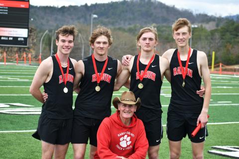 Wade Cheek/The Clayton Tribune. The Rabun County High School boys 4x800 meter relay team of Hayden Smith, Wyatt Word, Harry Word and G.B. Anderson smashed the previous school record by just under seven seconds with a time of 8:45.99.