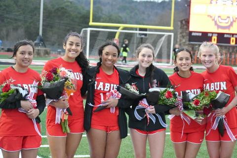 Wade Cheek/The Clayton Tribune. The 2024 Class of Lady Cats Alesia Gonzales, Quetzaly Diaz, and Auroroa Barcenas, Keygan Antosiak, Itzia Vasquez and Abby Sego have provided senior leadership this season for the winning program.