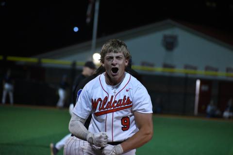 Wade Cheek/The Clayton Tribune. Wildcat senior Jarret Giles celebrates a triple during the RCHS baseball team's final game of 2024 against Towns County on Friday, April 19.