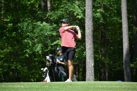 Wade Cheek/The Clayton Tribune. RCHS senior golfer Blake Weber tee's off during the Area I tournament last Monday, April 22 at Arrowhead Pointe Gold Course in Elbert County. 