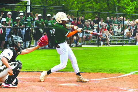 Wade Cheek/The Clayton Tribune. TFS baseball junior outfielder BJ Carver knocks in the winning run with an RBI single in the top of the seventh inning in the Indians’ quarterfinal series against Swainsboro in the Georgia Class A DI state tourney. 