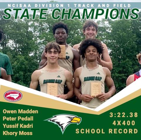 RGNS. RGNS track runners (front left) Peter Pedall, Yussif Kadri, (back left to right) Khory Moss and Owen Madden reached the top of the podium after winning the 4x400 meter relay event at this year’s NCISAA Division I state championship meet. 