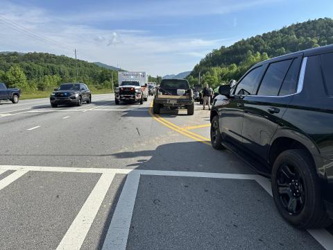 Photo from Rabun County Sheriff’s Office Facebook page. A crash involving a Dodge Charger and two motorcycles on Wednesday, May 22 on Ga. 15 at the intersection of the Clayton Walmart resulted in a suspected serious injury. Traffic used alternative routes as there was road blockage for about two hours due to the collision.
