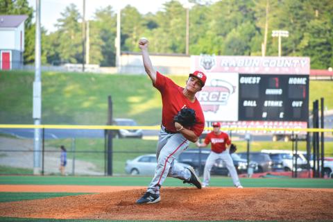 Wade Cheek/The Clayton Tribune. Wildcat newcomer Lake Evans extends off the mound to deliver a pitch on Thursday, June 13, when the RCHS baseball team took down East Jackson 7-2 in a summer ball game. 