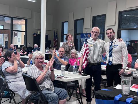 Submitted photo. Don Martin, Rabun Democrats Chair (left), welcomes Andrew Ferguson to the July 8 Rabun County Democrats monthly meeting at the Food Bank of Northeast Georgia. 