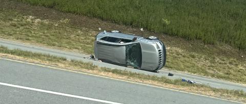 Katie Hamby/The Clayton Tribune. A crash involving two Jeeps at the intersection of Ga. 15 and Stekoa Falls Road just outside of Clayton city limits June 21 resulted in serious injuries. Pictured is the silver 2014 Jeep Compass Sport involved, which overturned and came to an uncontrolled rest on its passenger side facing southbound. 