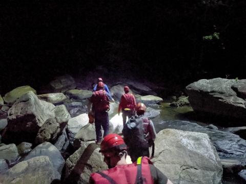 Submitted photos/Tallulah Gorge State Park. A drone overhead of rescue crew members has a spotlight lighting the floor of Tallulah Gorge so rescuers can cross the river on a call to rescue two subjects Thursday, June 20, around 9:36 p.m. 