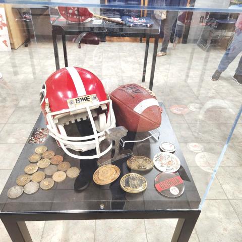 Wade Cheek/The Clayton Tribune. University of Georgia Athletic artifacts on display at the Rabun County Library during the UGAAA’s exhibit tour stop.