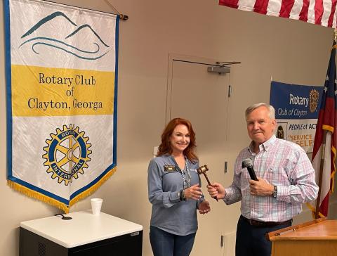 Photo courtesy Laura Seberg. The Rotary Club of Clayton installed its 2024-2025 leadership team during an event at The Dillard House on Thursday, June 20. Gerald Hulett passes the gavel to incoming president Sheryl Webster, who will lead the club with the Rotary International theme of “The Magic of Rotary.” 