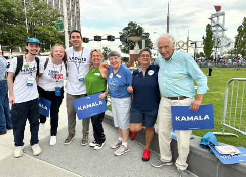 Submitted photo. Rabun County residents Maria Loveless of Lakemont, Dee Daley of Clayton, Kim Spears of Clayton and Dr. Bob Hatcher of Tiger pose with staff members on Team Harris during the July 29 presidential political rally for Vice President Kamala Harris. 