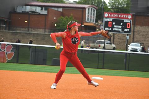 Wade Cheek/The Clayton Tribune. Senior infielder Jacie McCall gets ready to fire a throw over to first base to record an out in the Lady Cats’ scrimmage earlier this season. 