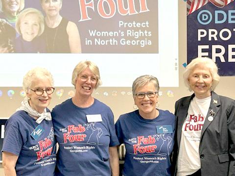 Submitted photo.  Rabun County resident Paulette Williams (left); Charlotte Sleczkowski of Towns County; Kim Floria of Hall County; and June Krise of White County were welcomed by a packed crowd Monday, Sept. 9, in the community room of the Food Bank of Northeast Georgia.