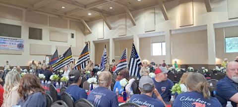 Megan Horn/The Clayton Tribune. Boy Scouts of America Troops 6 and 19 present the flags representing each branch of public safety including law enforcement; EMS; fire; dispatch; corrections; and search and rescue during the second annual Rabun County First Responder Appreciation Dinner on Aug. 30. 